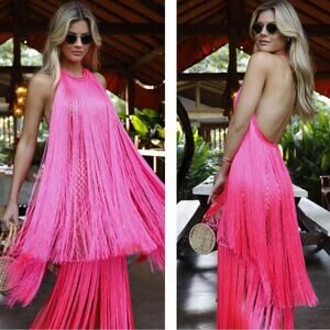 Andrea Almeida Bel Crochet Fringe Tiered Pink Maxi Dress Size Large
